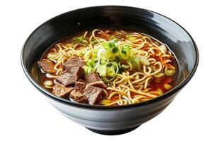 AI generated Bowl of beef noodles in a black dish on a transparent background photo