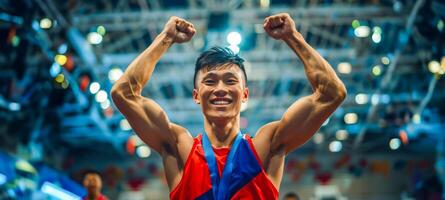 ai generado joven atleta celebrando victoria a un Deportes evento foto