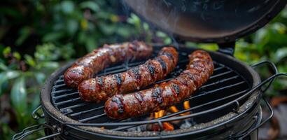 ai generado candente salchichas Cocinando en un llameante parrilla foto