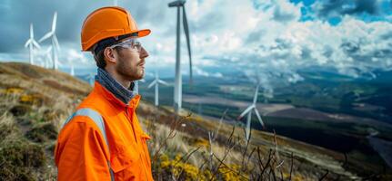 AI generated Engineer in safety gear at wind farm photo