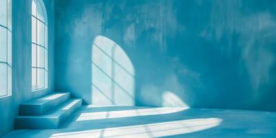 AI generated Minimalist blue room with sunlight through window photo