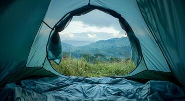 AI generated Morning view from inside a tent in a peaceful meadow photo