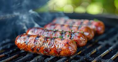 ai generado candente salchichas Cocinando en un llameante parrilla foto