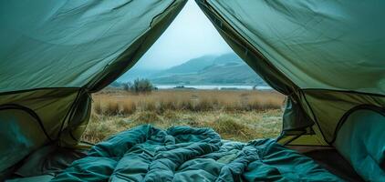 AI generated Morning view from inside a tent in a peaceful meadow photo