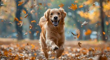 AI generated Happy golden retriever playing in autumn leaves photo