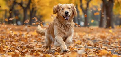 AI generated Happy golden retriever playing in autumn leaves photo