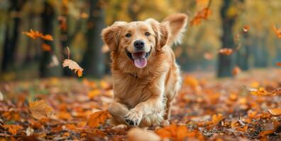 AI generated Happy golden retriever playing in autumn leaves photo