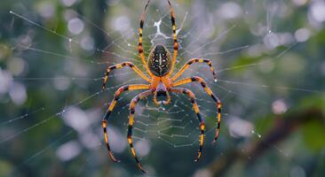 ai generado dorado tejedor de orbes araña en sus web en el selva foto