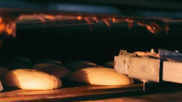 un panadero a el fábrica telas un pan dentro el horno para horneando. de cerca de un pan en el horneando horno. video