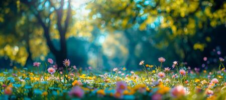 ai generado sereno prado con rosado flores silvestres y dorado luz de sol foto