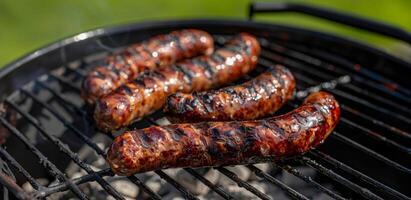 ai generado candente salchichas Cocinando en un llameante parrilla foto