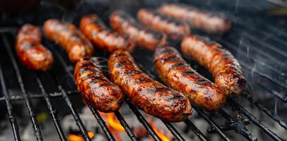 ai generado candente salchichas Cocinando en un llameante parrilla foto