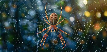 ai generado dorado tejedor de orbes araña en sus web en el selva foto