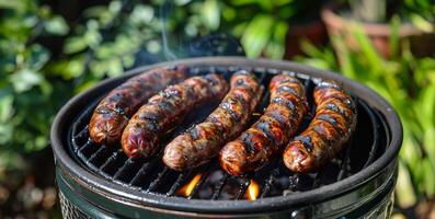 AI generated Sizzling sausages cooking on a flaming grill photo