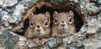 AI generated Eastern chipmunks peeking from tree hollow in forest photo