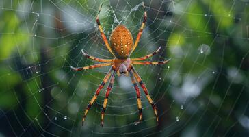 ai generado dorado tejedor de orbes araña en sus web en el selva foto
