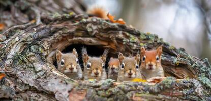 AI generated Eastern chipmunks peeking from tree hollow in forest photo