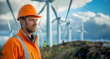 AI generated Engineer in safety gear at wind farm photo