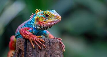 AI generated Colorful panther chameleon perched on a stump photo