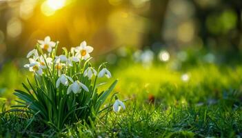 AI generated Fresh snowdrops glistening with morning dew photo