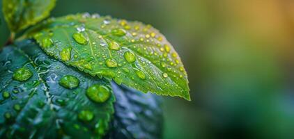 AI generated Dewdrops on vibrant green leaves in morning light photo