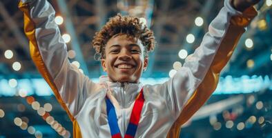 ai generado joven atleta celebrando victoria a un Deportes evento foto