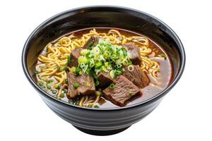 AI generated Bowl of beef noodles in a black dish on a transparent background photo