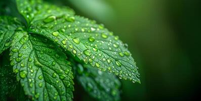 AI generated Dewdrops on vibrant green leaves in morning light photo
