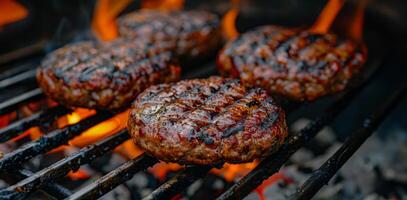 ai generado jugoso A la parrilla hamburguesas terminado llameante carbón parrilla foto