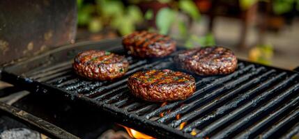 ai generado jugoso A la parrilla hamburguesas terminado llameante carbón parrilla foto