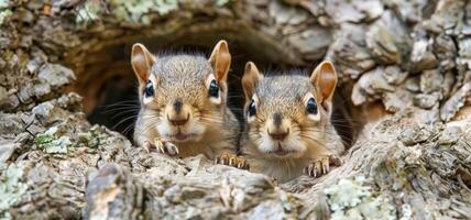 AI generated Eastern chipmunks peeking from tree hollow in forest photo