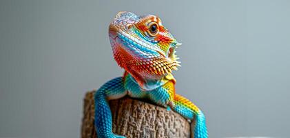 AI generated Colorful panther chameleon perched on a stump photo