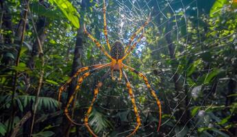 AI generated Golden orb-weaver spider in its web in the jungle photo