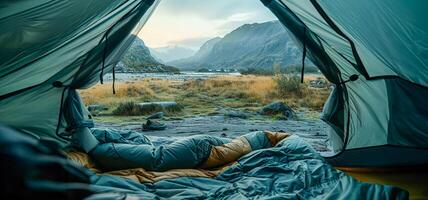 AI generated Morning view from inside a tent in a peaceful meadow photo