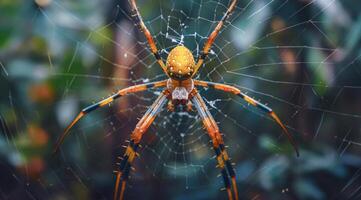 ai generado dorado tejedor de orbes araña en sus web en el selva foto