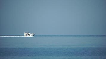 yacht su calma mare. lusso crociera viaggio. lato Visualizza di bianca barca su in profondità blu acqua. aereo Visualizza di ricco yacht andare in barca mare. estate viaggio su lusso nave. video