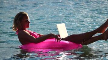 mulher trabalhador autonomo trabalho em computador portátil natação dentro mar em Rosa inflável anel. bonita senhora digitando em computador enquanto flutuando dentro a mar em inflável rosquinha às pôr do sol. freelance, controlo remoto trabalhos em período de férias video