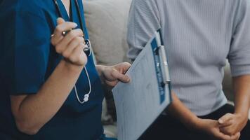 close up doctor, Asian doctor talk with old female patient about disease symptom, doctor use stethoscope listening lung of patient, elderly health check up, happiness hospital video