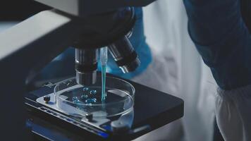 Young scientists conducting research investigations in a medical laboratory, a researcher in the foreground is using a microscope video