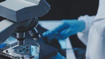 Young scientists conducting research investigations in a medical laboratory, a researcher in the foreground is using a microscope video