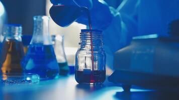 Young scientists conducting research investigations in a medical laboratory, a researcher in the foreground is using a microscope video