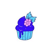 Cupcake with melting acid colored cream and raspberry vector illustration in doodle style