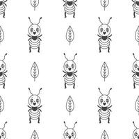 Cute ant and leaf childish seamless pattern in doodle style vector