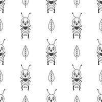 Cute ant and leaf childish seamless pattern in doodle style vector