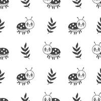 Cute Ladybug and branch seamless pattern in doodle style vector