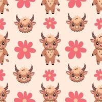 Highland Cow happy character seamless pattern with flowers vector