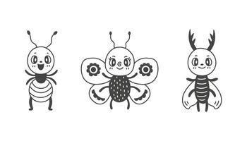 Retro insect characters doodle set ant butterfly stag beetle vector