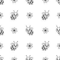 Happy bee and flower seamless pattern in doodle style vector