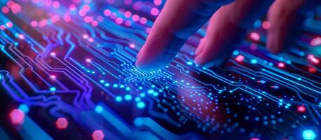 AI generated finger touching a digital circuit board. advanced biometric technology and cyber security concept background photo