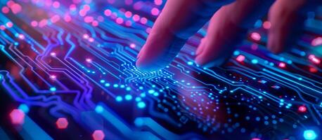 AI generated finger touching a digital circuit board. advanced biometric technology and cyber security concept background photo